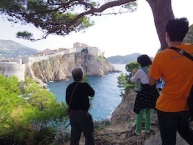 高台から海と崖を眺める人
