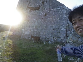 城壁の遺跡と男性と羊